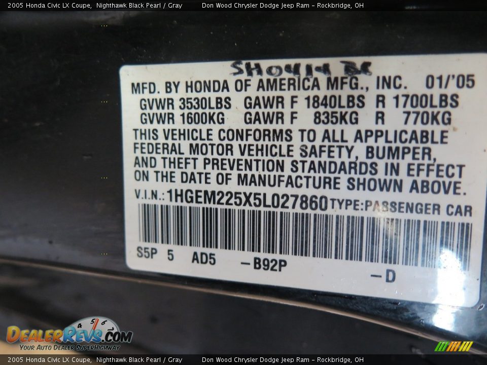 2005 Honda Civic LX Coupe Nighthawk Black Pearl / Gray Photo #36