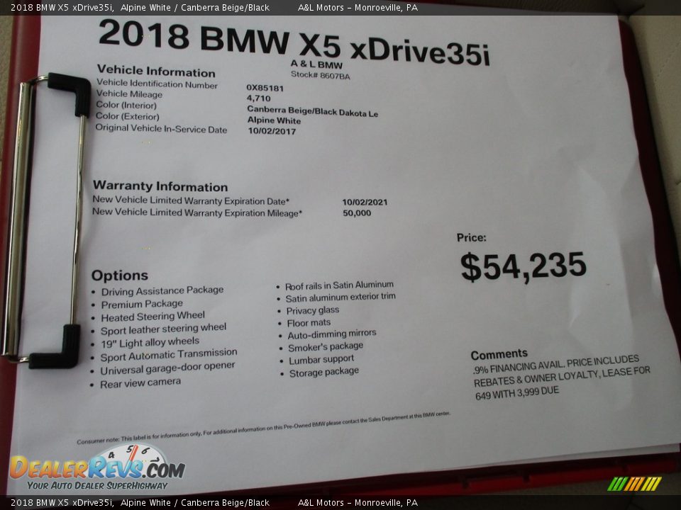 2018 BMW X5 xDrive35i Alpine White / Canberra Beige/Black Photo #12