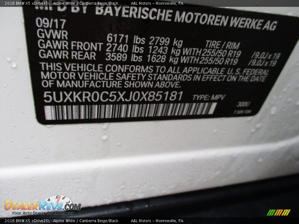 2018 BMW X5 xDrive35i Alpine White / Canberra Beige/Black Photo #19