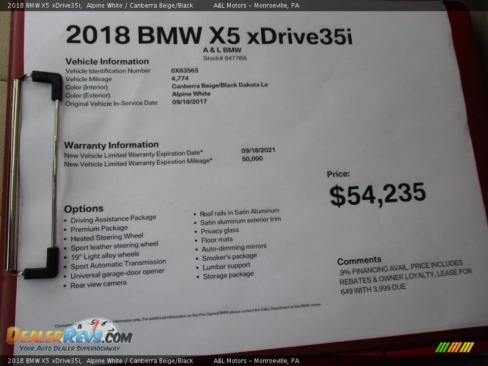 2018 BMW X5 xDrive35i Alpine White / Canberra Beige/Black Photo #12
