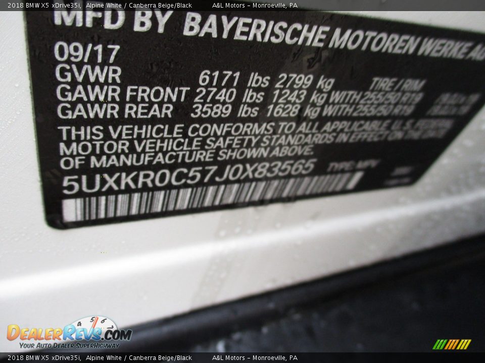 2018 BMW X5 xDrive35i Alpine White / Canberra Beige/Black Photo #19