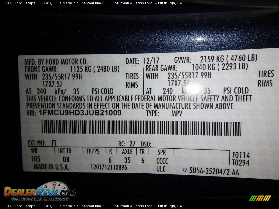 2018 Ford Escape SEL 4WD Blue Metallic / Charcoal Black Photo #10