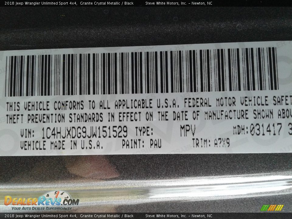 2018 Jeep Wrangler Unlimited Sport 4x4 Granite Crystal Metallic / Black Photo #31