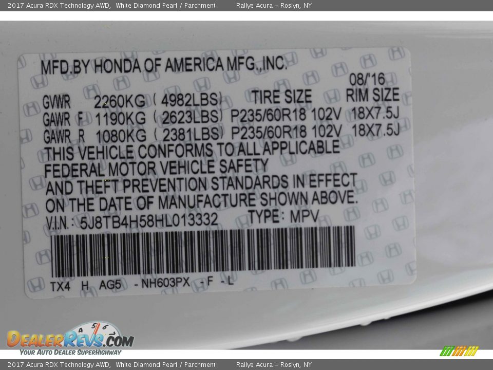 2017 Acura RDX Technology AWD White Diamond Pearl / Parchment Photo #35