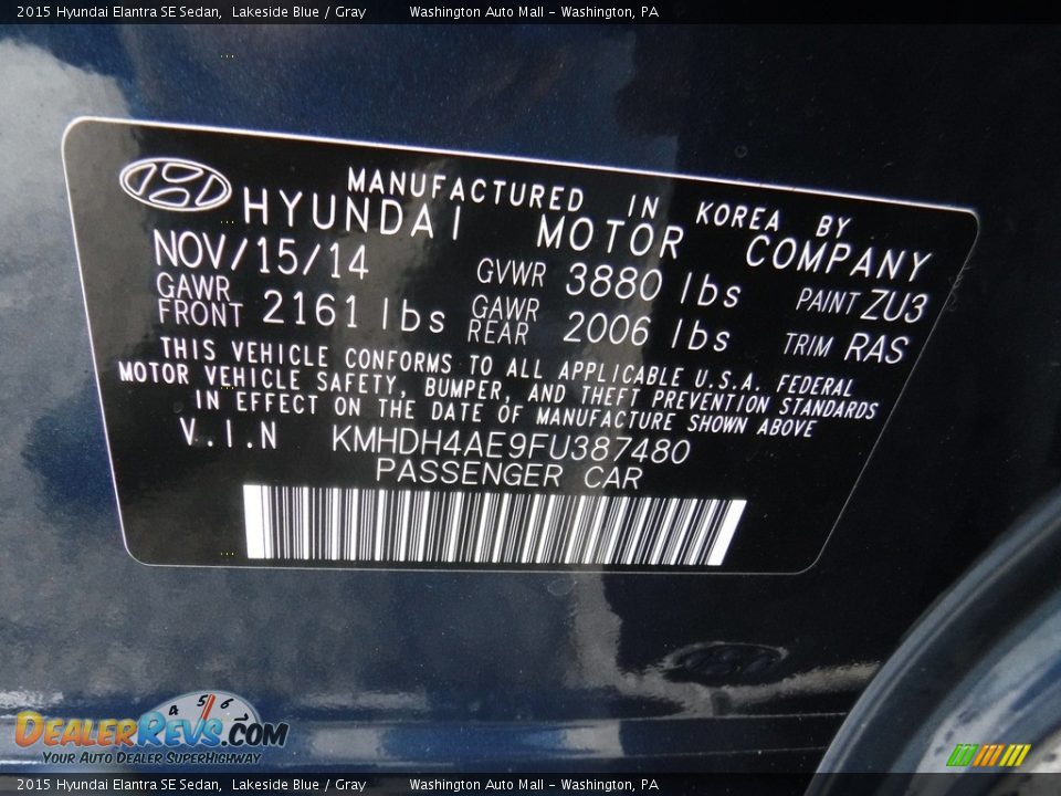 2015 Hyundai Elantra SE Sedan Lakeside Blue / Gray Photo #24