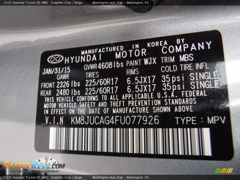 2015 Hyundai Tucson SE AWD Graphite Gray / Beige Photo #25