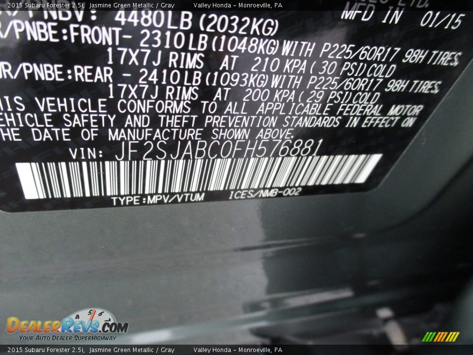 2015 Subaru Forester 2.5i Jasmine Green Metallic / Gray Photo #19