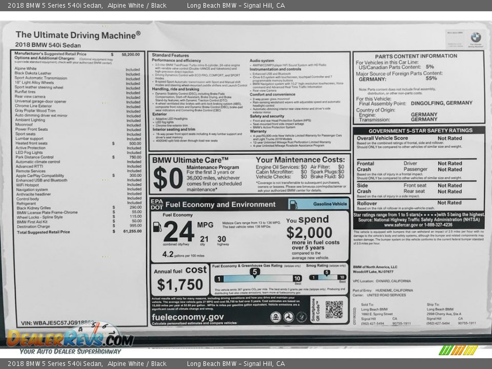 2018 BMW 5 Series 540i Sedan Alpine White / Black Photo #10