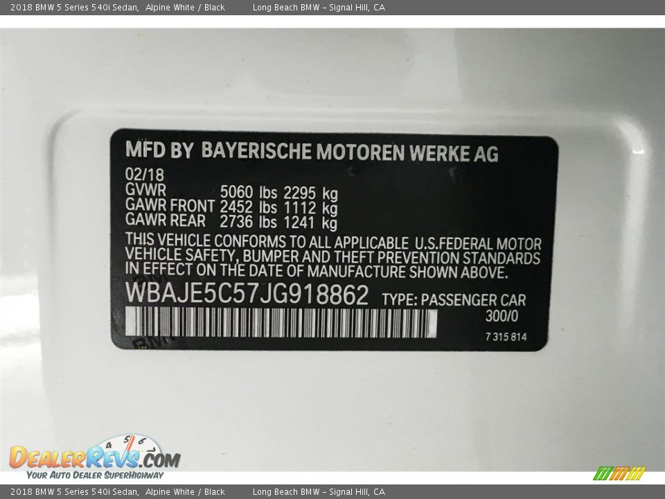 2018 BMW 5 Series 540i Sedan Alpine White / Black Photo #11