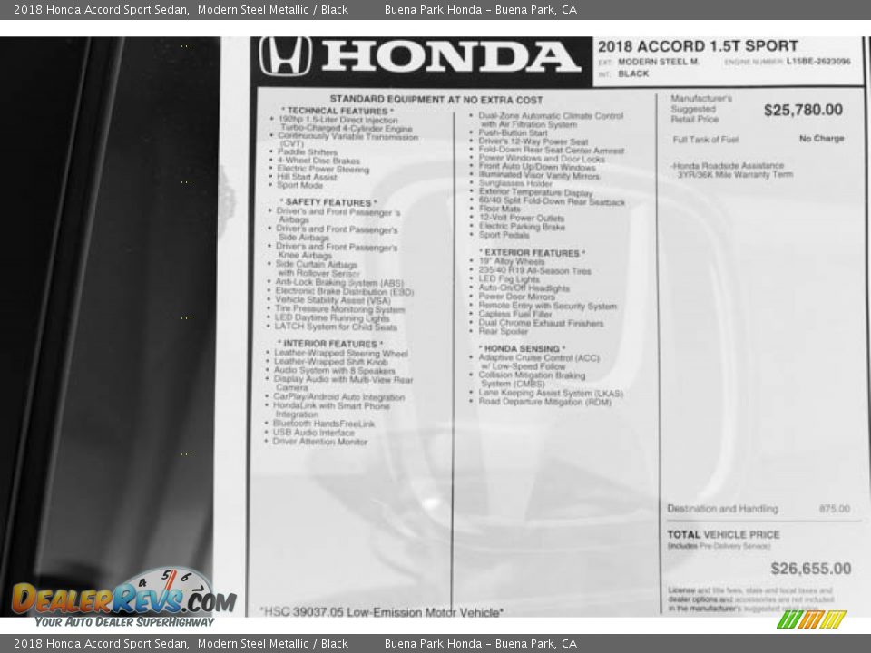 2018 Honda Accord Sport Sedan Modern Steel Metallic / Black Photo #31