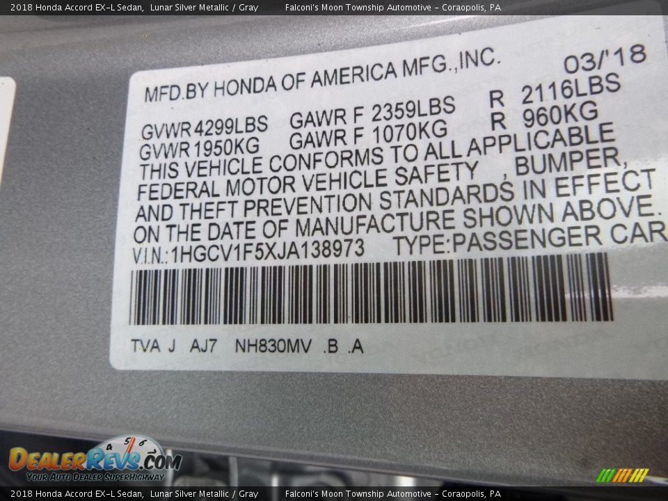 2018 Honda Accord EX-L Sedan Lunar Silver Metallic / Gray Photo #12