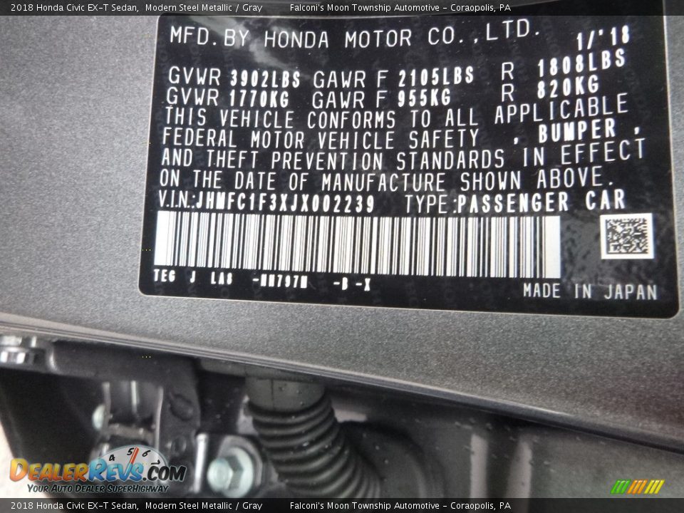 2018 Honda Civic EX-T Sedan Modern Steel Metallic / Gray Photo #12