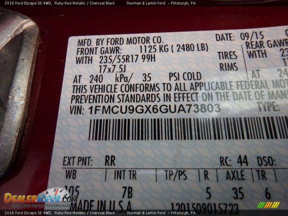 2016 Ford Escape SE 4WD Ruby Red Metallic / Charcoal Black Photo #11