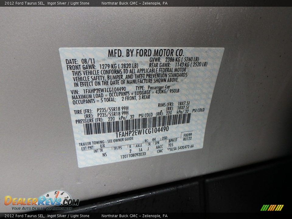 2012 Ford Taurus SEL Ingot Silver / Light Stone Photo #22