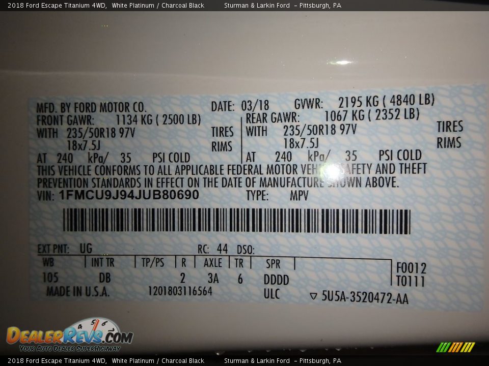 2018 Ford Escape Titanium 4WD White Platinum / Charcoal Black Photo #10