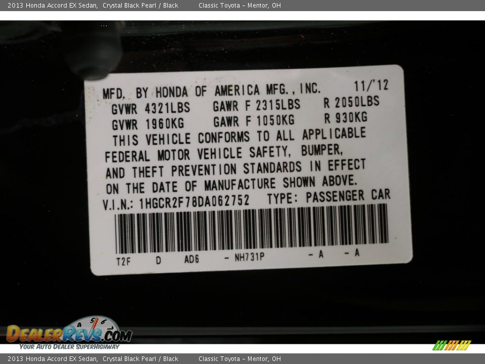 2013 Honda Accord EX Sedan Crystal Black Pearl / Black Photo #19