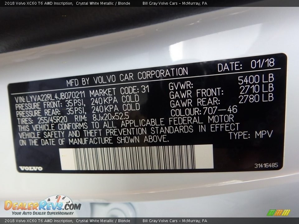 2018 Volvo XC60 T6 AWD Inscription Crystal White Metallic / Blonde Photo #11