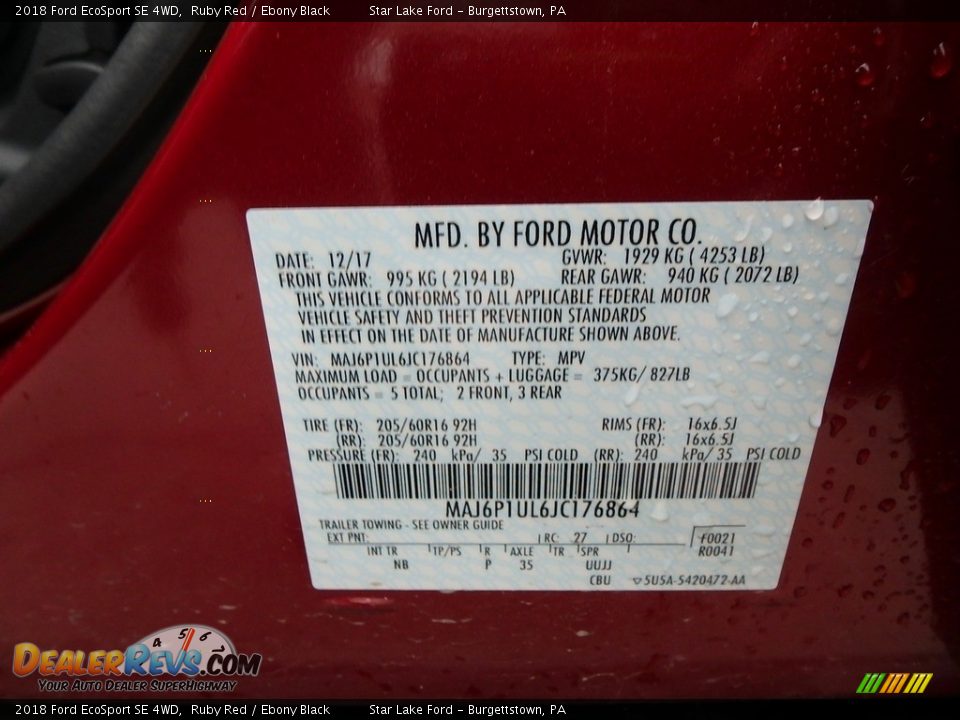 2018 Ford EcoSport SE 4WD Ruby Red / Ebony Black Photo #15