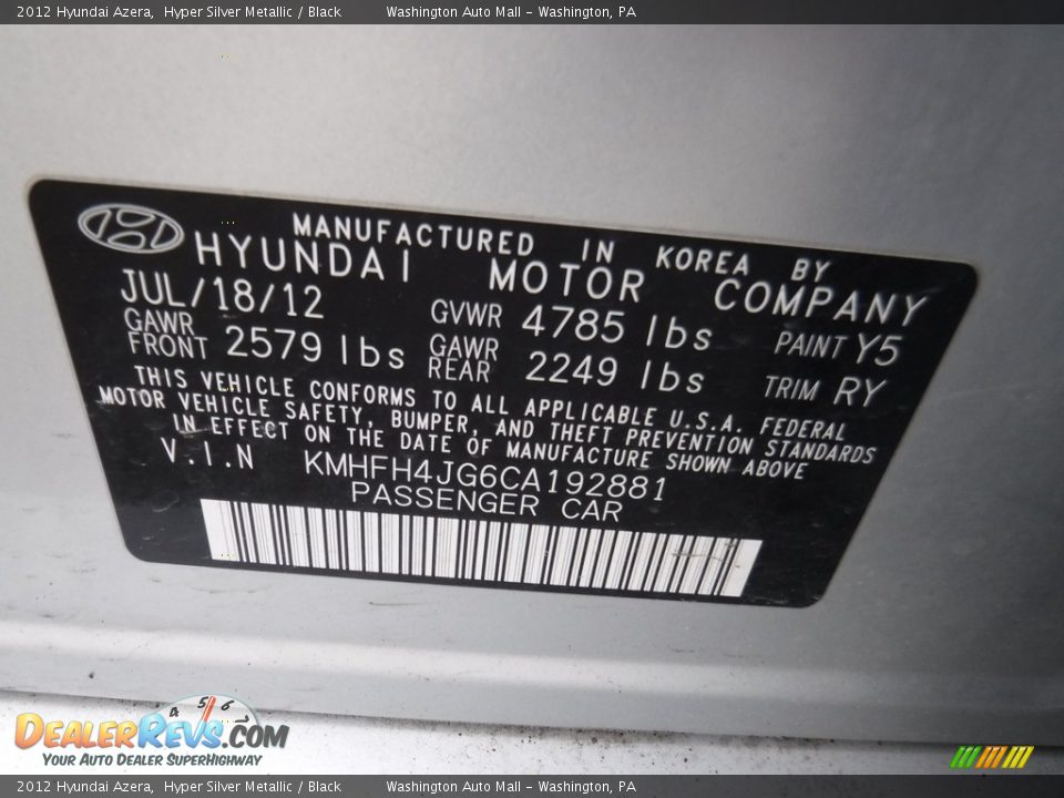 2012 Hyundai Azera Hyper Silver Metallic / Black Photo #26
