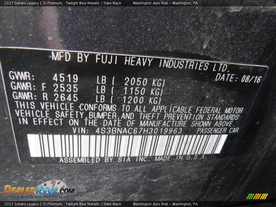 2017 Subaru Legacy 2.5i Premium Twilight Blue Metallic / Slate Black Photo #24