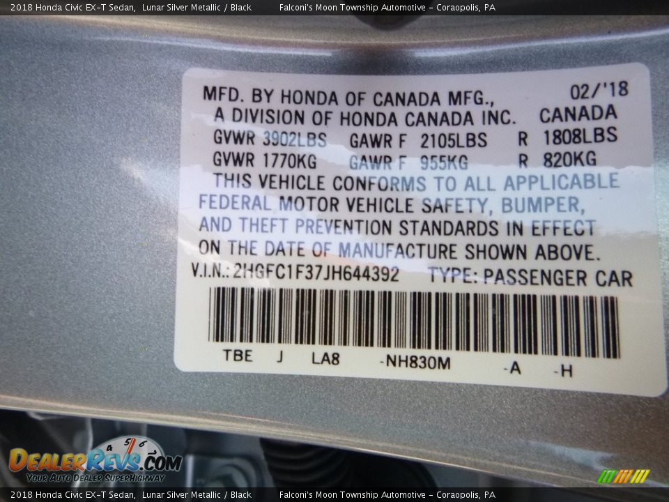 2018 Honda Civic EX-T Sedan Lunar Silver Metallic / Black Photo #13