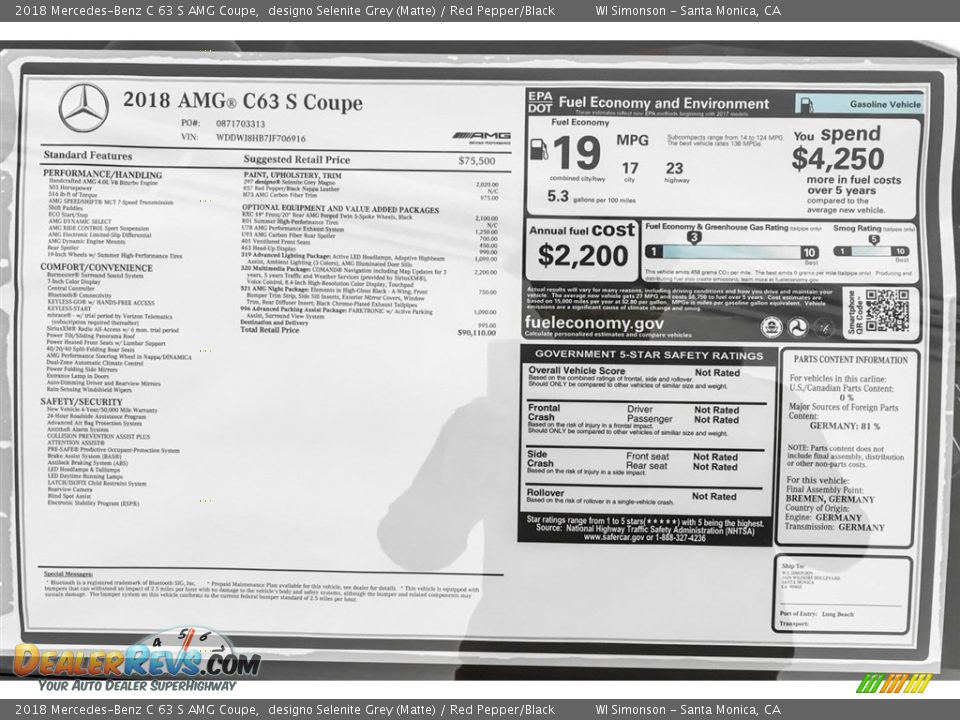 2018 Mercedes-Benz C 63 S AMG Coupe Window Sticker Photo #26