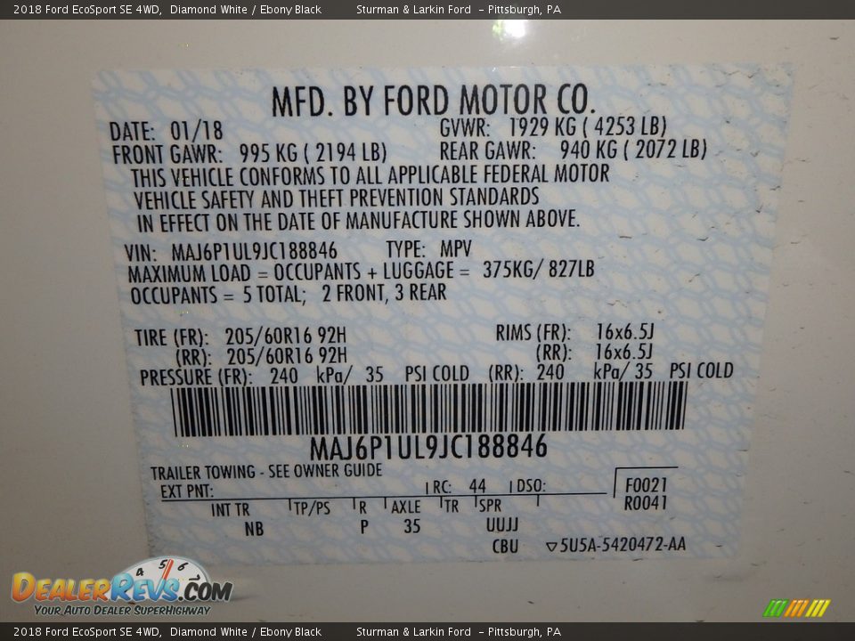 2018 Ford EcoSport SE 4WD Diamond White / Ebony Black Photo #10