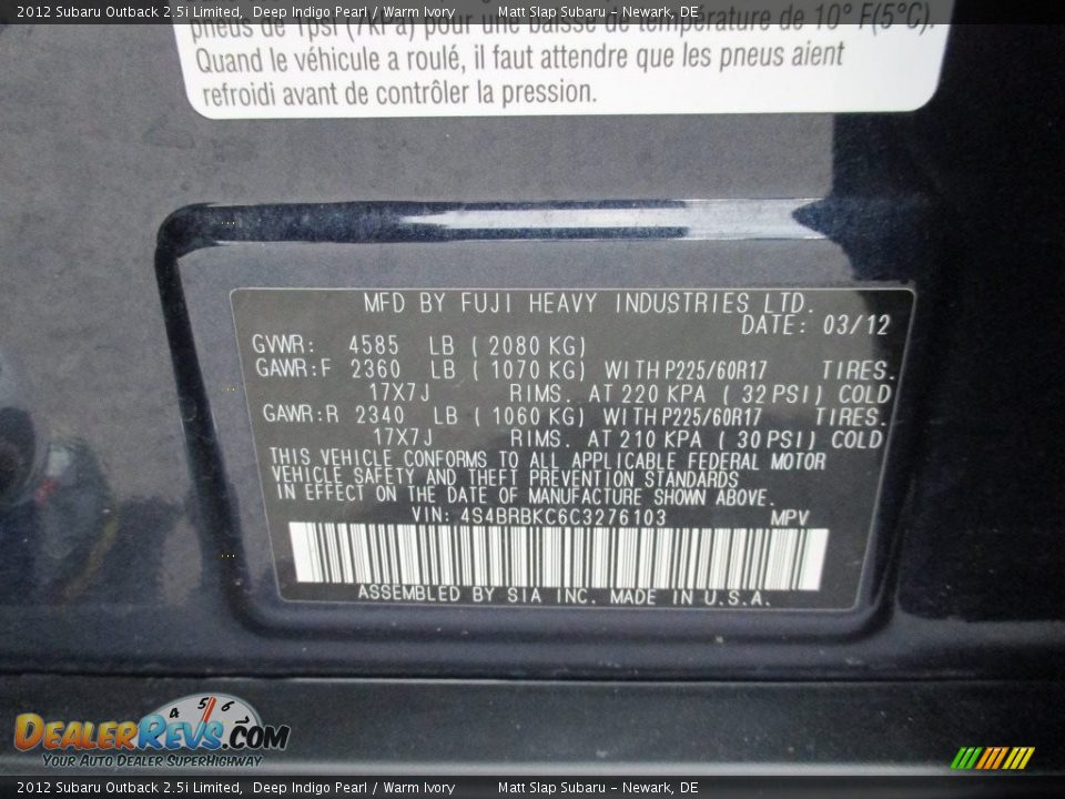 2012 Subaru Outback 2.5i Limited Deep Indigo Pearl / Warm Ivory Photo #30