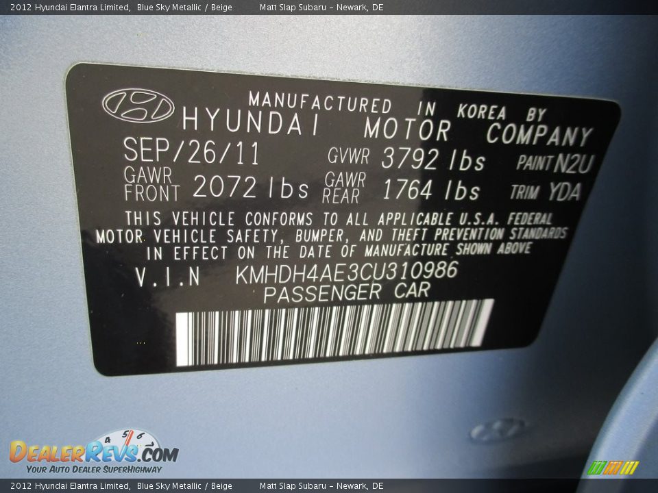2012 Hyundai Elantra Limited Blue Sky Metallic / Beige Photo #31