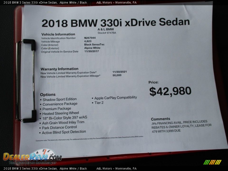 2018 BMW 3 Series 330i xDrive Sedan Alpine White / Black Photo #12