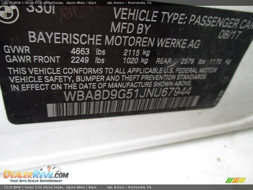 2018 BMW 3 Series 330i xDrive Sedan Alpine White / Black Photo #19