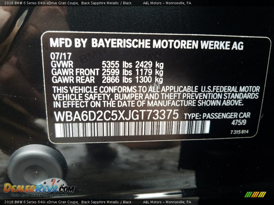 2018 BMW 6 Series 640i xDrive Gran Coupe Black Sapphire Metallic / Black Photo #14