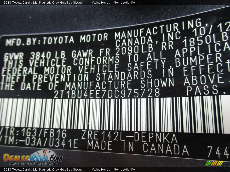 2013 Toyota Corolla LE Magnetic Gray Metallic / Bisque Photo #19