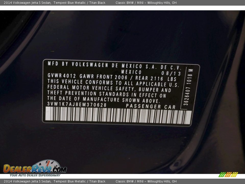 2014 Volkswagen Jetta S Sedan Tempest Blue Metallic / Titan Black Photo #18