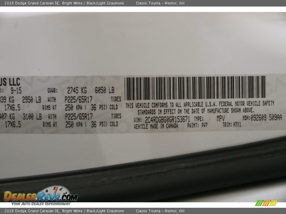 2016 Dodge Grand Caravan SE Bright White / Black/Light Graystone Photo #20