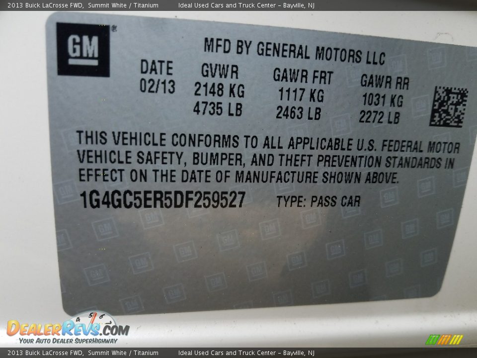 2013 Buick LaCrosse FWD Summit White / Titanium Photo #24