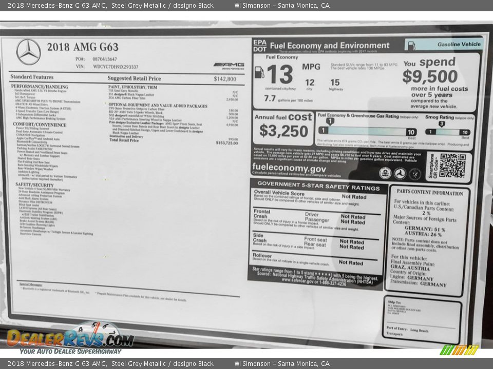 2018 Mercedes-Benz G 63 AMG Window Sticker Photo #26