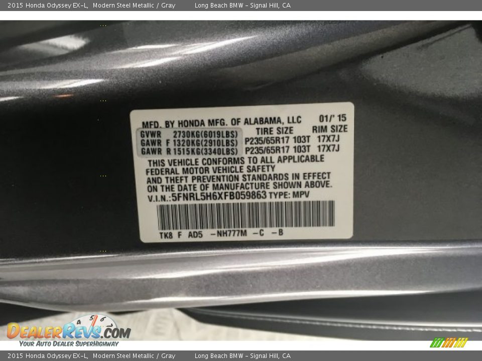 2015 Honda Odyssey EX-L Modern Steel Metallic / Gray Photo #22