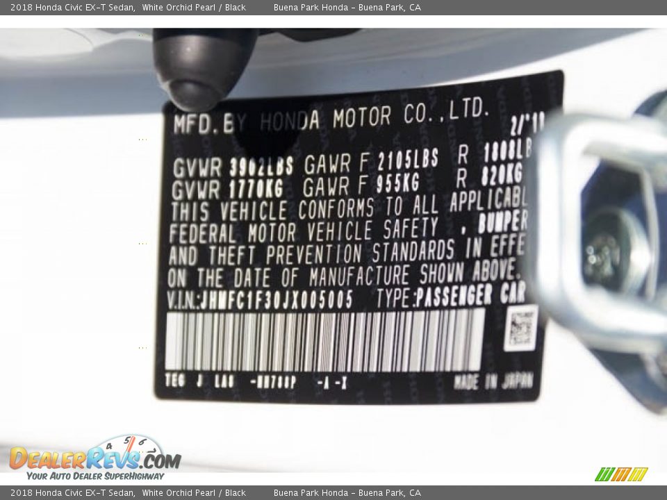 2018 Honda Civic EX-T Sedan White Orchid Pearl / Black Photo #18