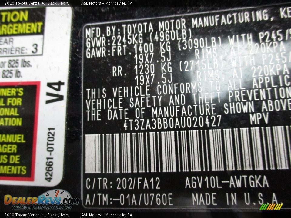 2010 Toyota Venza I4 Black / Ivory Photo #19