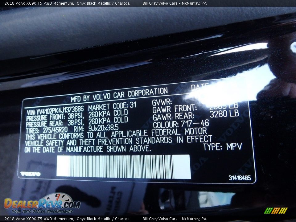 2018 Volvo XC90 T5 AWD Momentum Onyx Black Metallic / Charcoal Photo #12