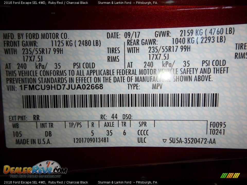 2018 Ford Escape SEL 4WD Ruby Red / Charcoal Black Photo #10