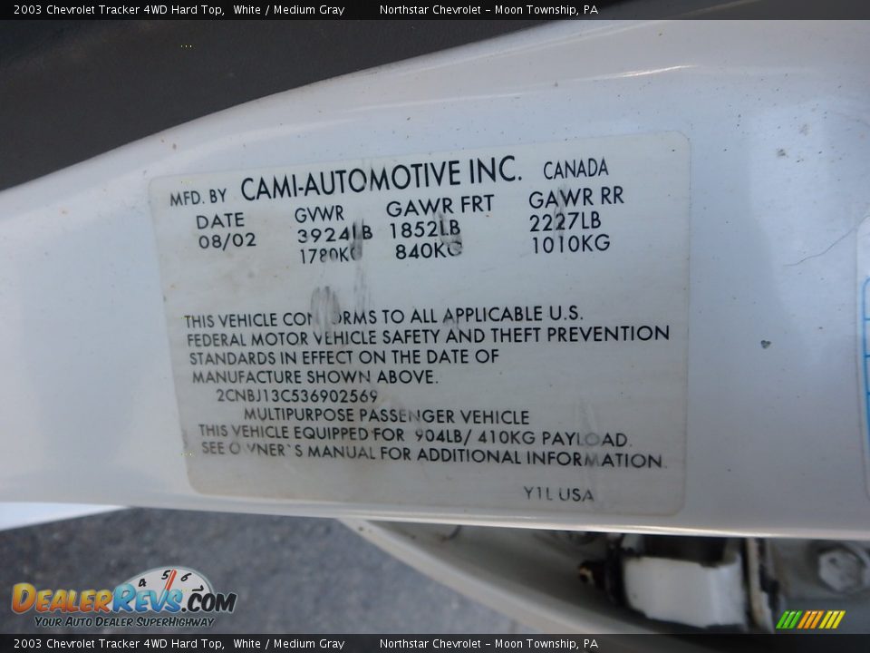 2003 Chevrolet Tracker 4WD Hard Top White / Medium Gray Photo #14