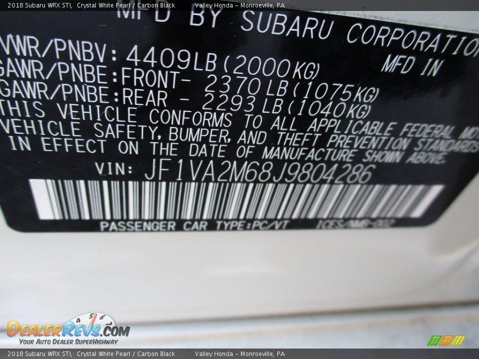 2018 Subaru WRX STI Crystal White Pearl / Carbon Black Photo #19