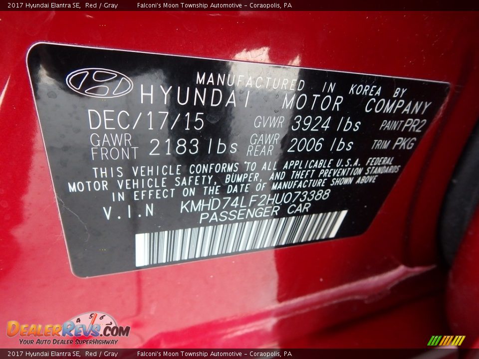 2017 Hyundai Elantra SE Red / Gray Photo #24