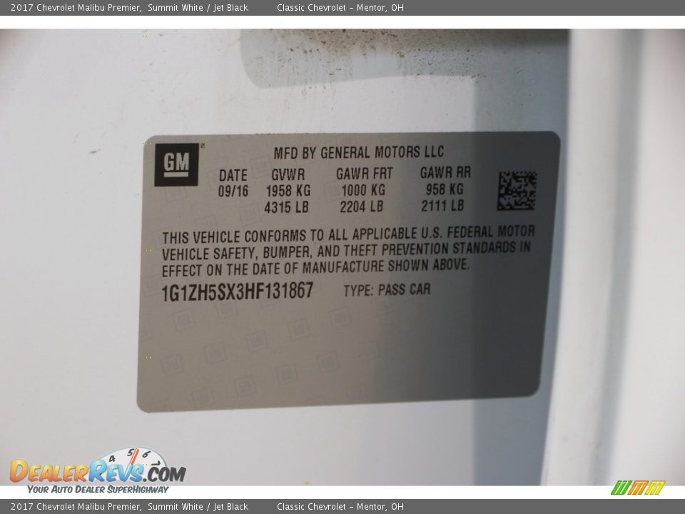 2017 Chevrolet Malibu Premier Summit White / Jet Black Photo #19