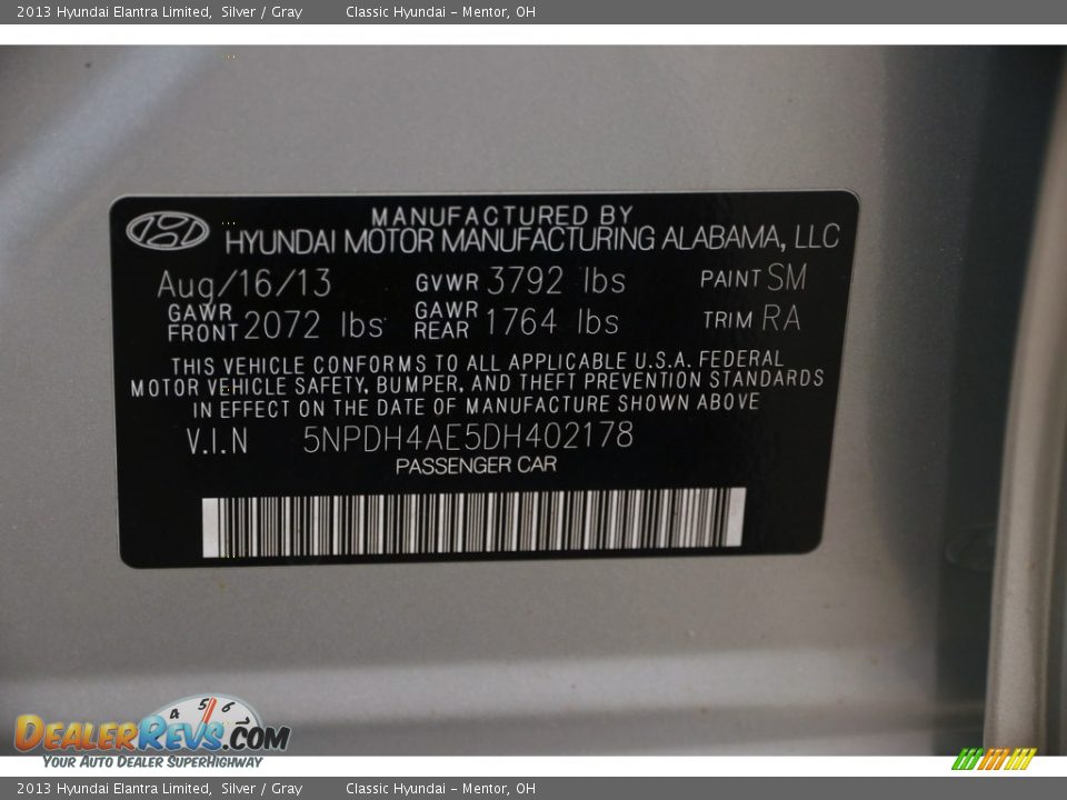 2013 Hyundai Elantra Limited Silver / Gray Photo #25