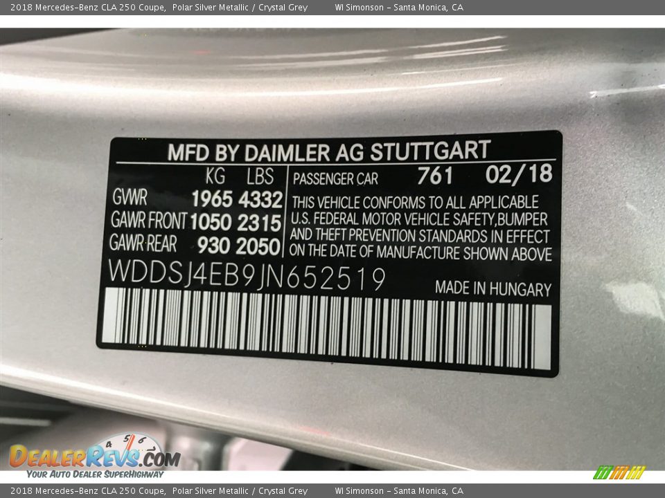 2018 Mercedes-Benz CLA 250 Coupe Polar Silver Metallic / Crystal Grey Photo #11