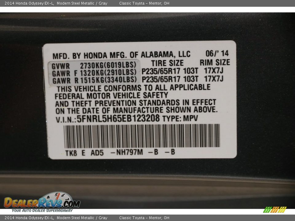2014 Honda Odyssey EX-L Modern Steel Metallic / Gray Photo #26