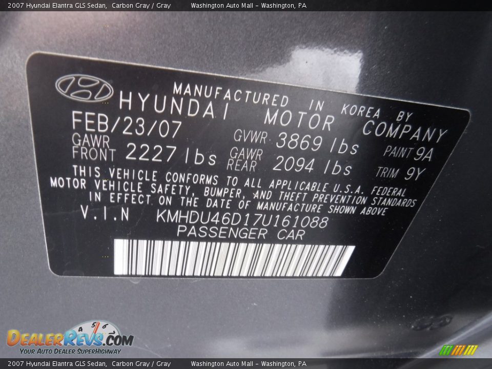 2007 Hyundai Elantra GLS Sedan Carbon Gray / Gray Photo #19